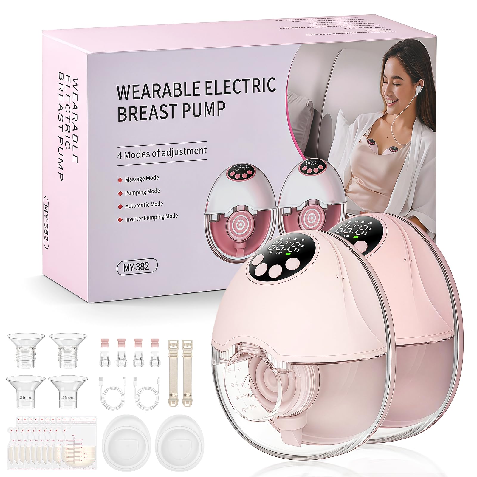 Elektrische Milchpumpe Handsfree 2er | 4 Modi 12 Stufen, Leise 50dB, Tragbare In-Bra Milchpumpe mit 19/21/24mm Flansch, Integriertes Design