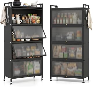 Giantex 5-Tier Kitchen Storage Cabinet, Freestanding Metal Baker's Rack w/4 Flip-up PC Doors, 4 Hooks, Adjustable Feet & Rolling Wheels, Mobile Microwave Stand for Dining Room, Living Room (Black)
