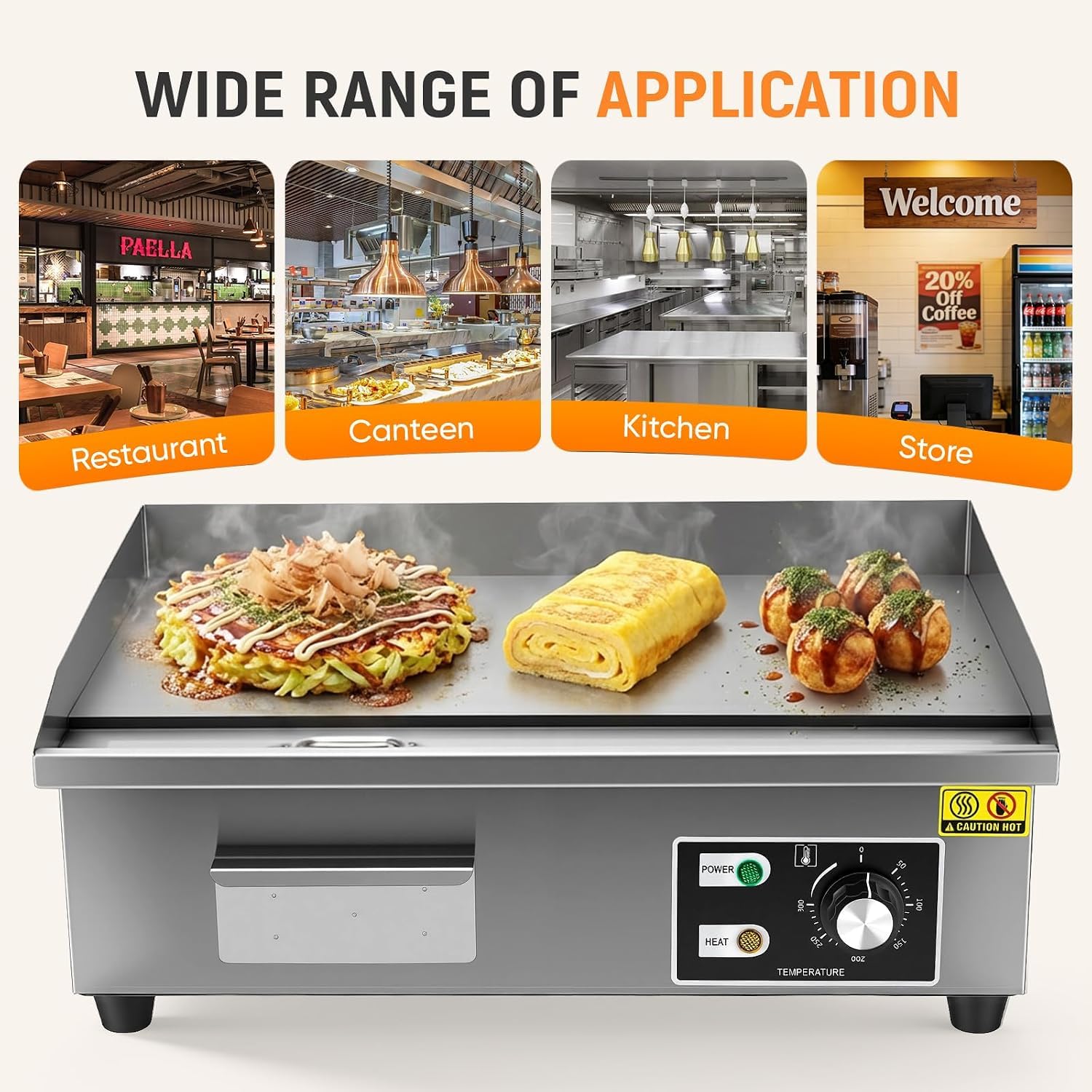 Plaque électrique Professionnelle, plancha avec température réglable 50-300℃ (122-572°F), Surface antiadhésive INOX épaissie 8mm, bac de récupération d'huile, pour Restaurant et Cuisine Maison