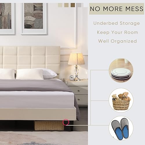 Miniatura 5 de CNANXU Marco de cama de madera de tamaño matrimonial con cabecera tapizada de tela y marco de metal cama de plataforma de madera con listones de