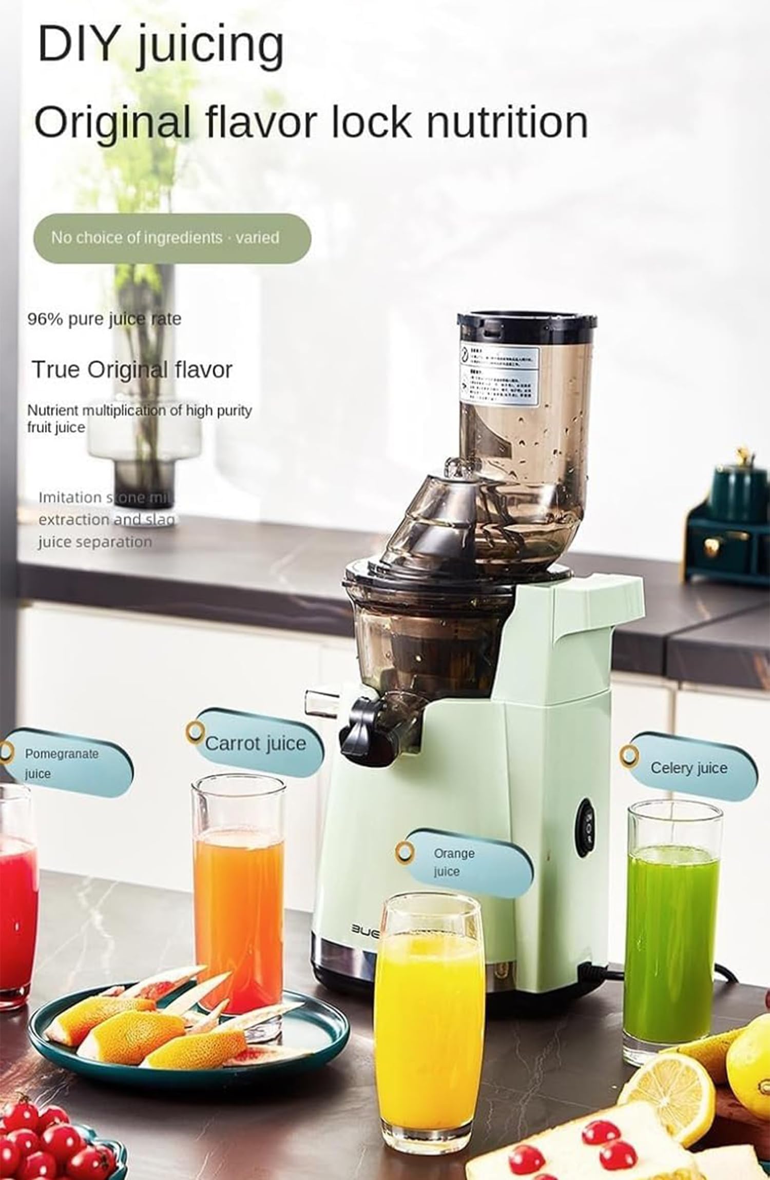 Spremiagrumi elettrico a freddo, 250 W con scivolo di alimentazione da 82 mm, 52 giri/min, separazione automatica della polpa, alta resa di succo per frutta e verdura