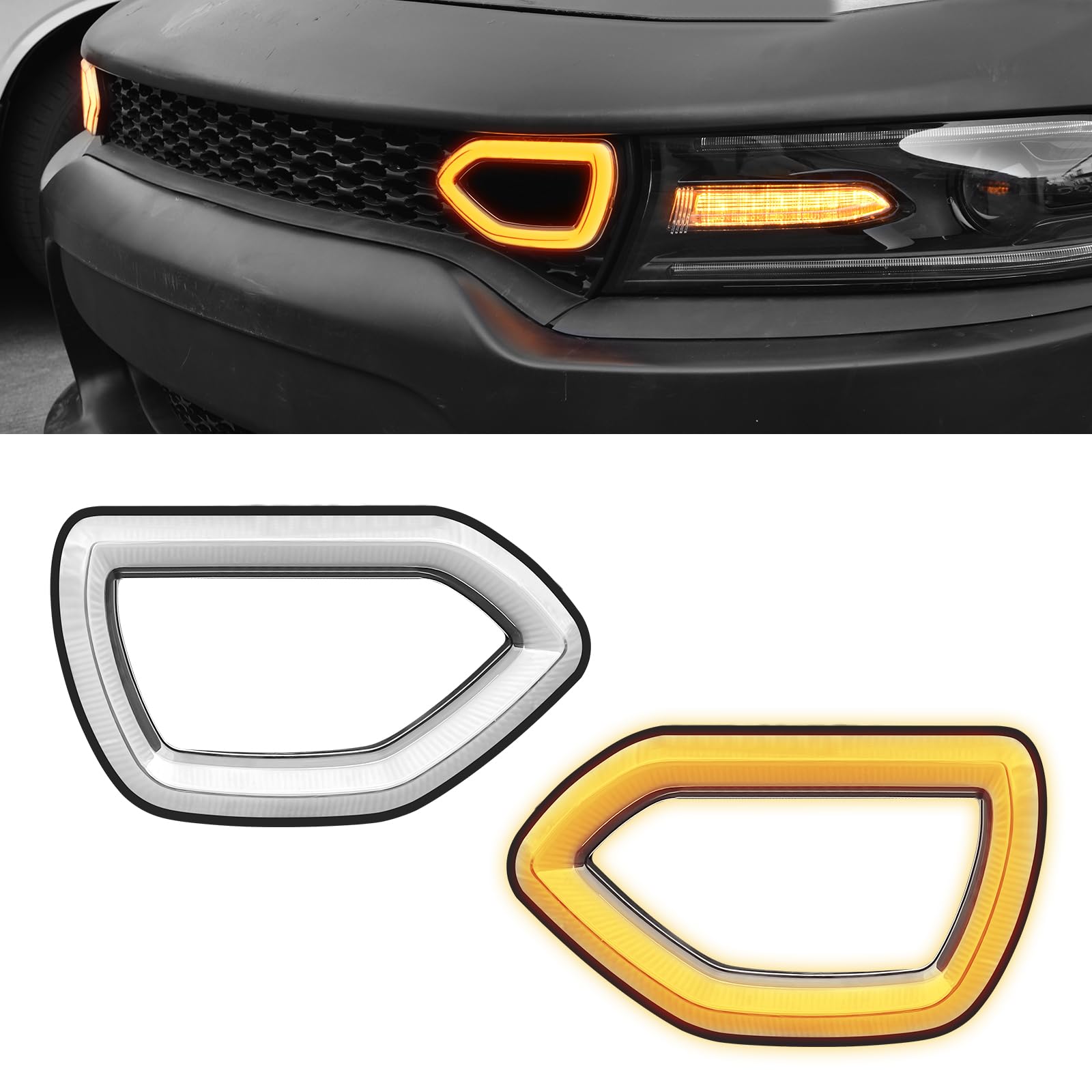 LitMiRaCleLED Grille Lights for 2015-2019 Dodge Charger SRT/Scat Pack, 2017-2019 Dodge Charger Daytona, SXT & R/T, White DRL & Yellow Turn Signal Light, 2PCS, Driver & Passenger Side