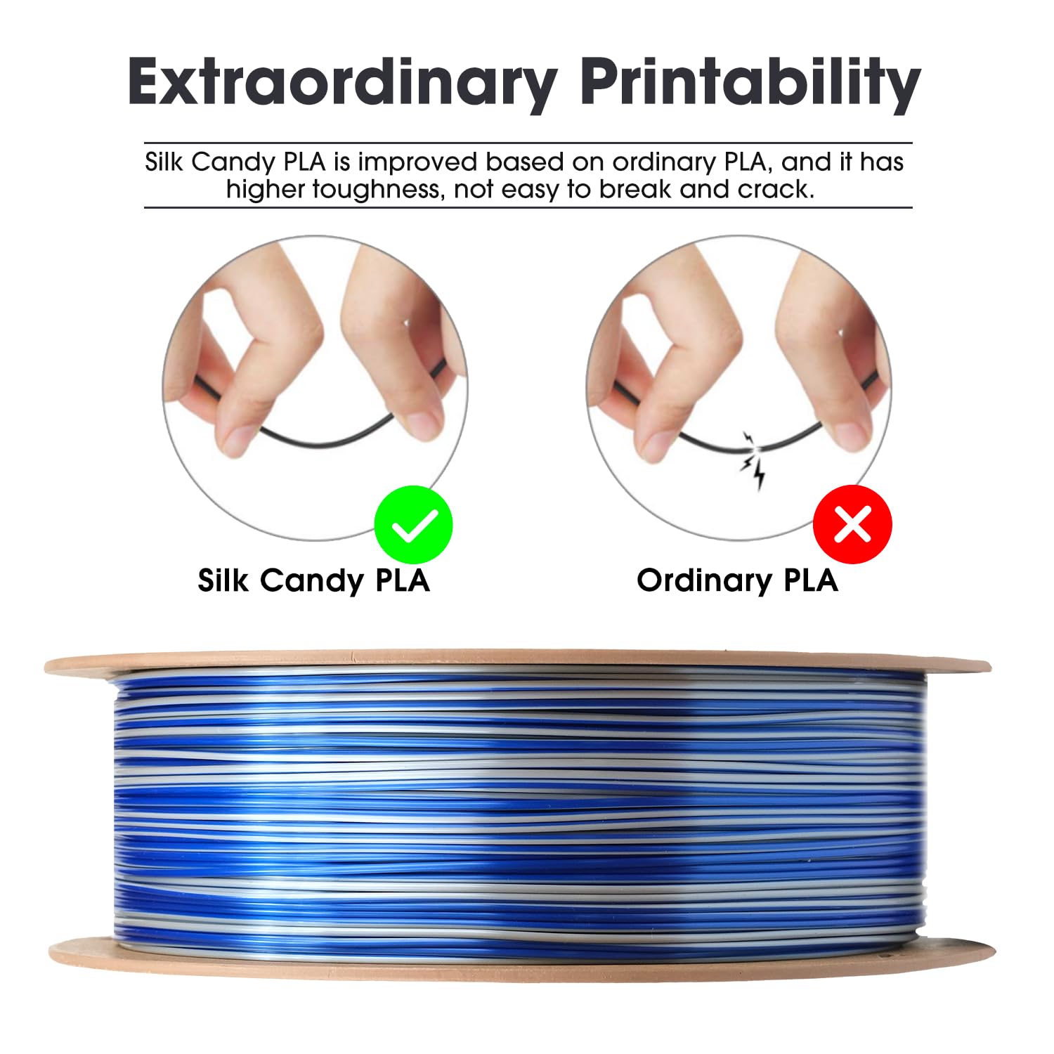 eSUN Silk Candy PLA Filament 1,75 mm, filamento setoso multicolore per stampanti 3D PLA, bobina da 1KG (2,2 LBS) con cambio graduale per stampanti 3D, Argento blu