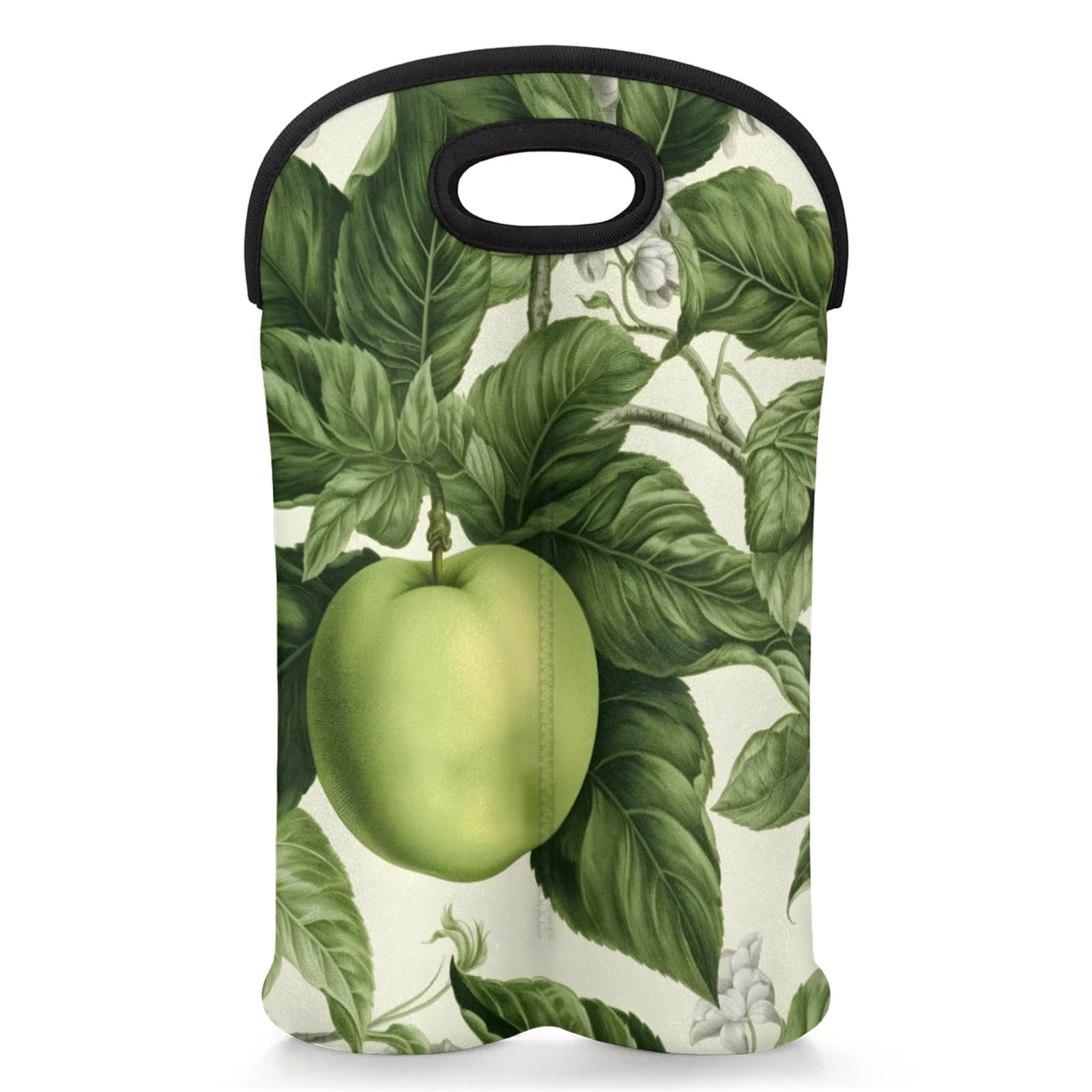GzLeyigou 2 Bottles Green Apples Wine Bag Sleeve Totes Leaves Neoprene Protective Wine Carrier Bag for Wine,Water, Champagne, Beer, Baby Bottles,Gift 14.5 x 10 Inches