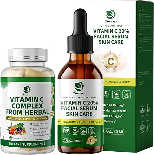 Cápsulas de vitamina C y suero facial, apoyo para antioxidante y apoyo inmunológico, salud de la piel, vegano, sin azúcar, 1 onza + 60 cápsulas