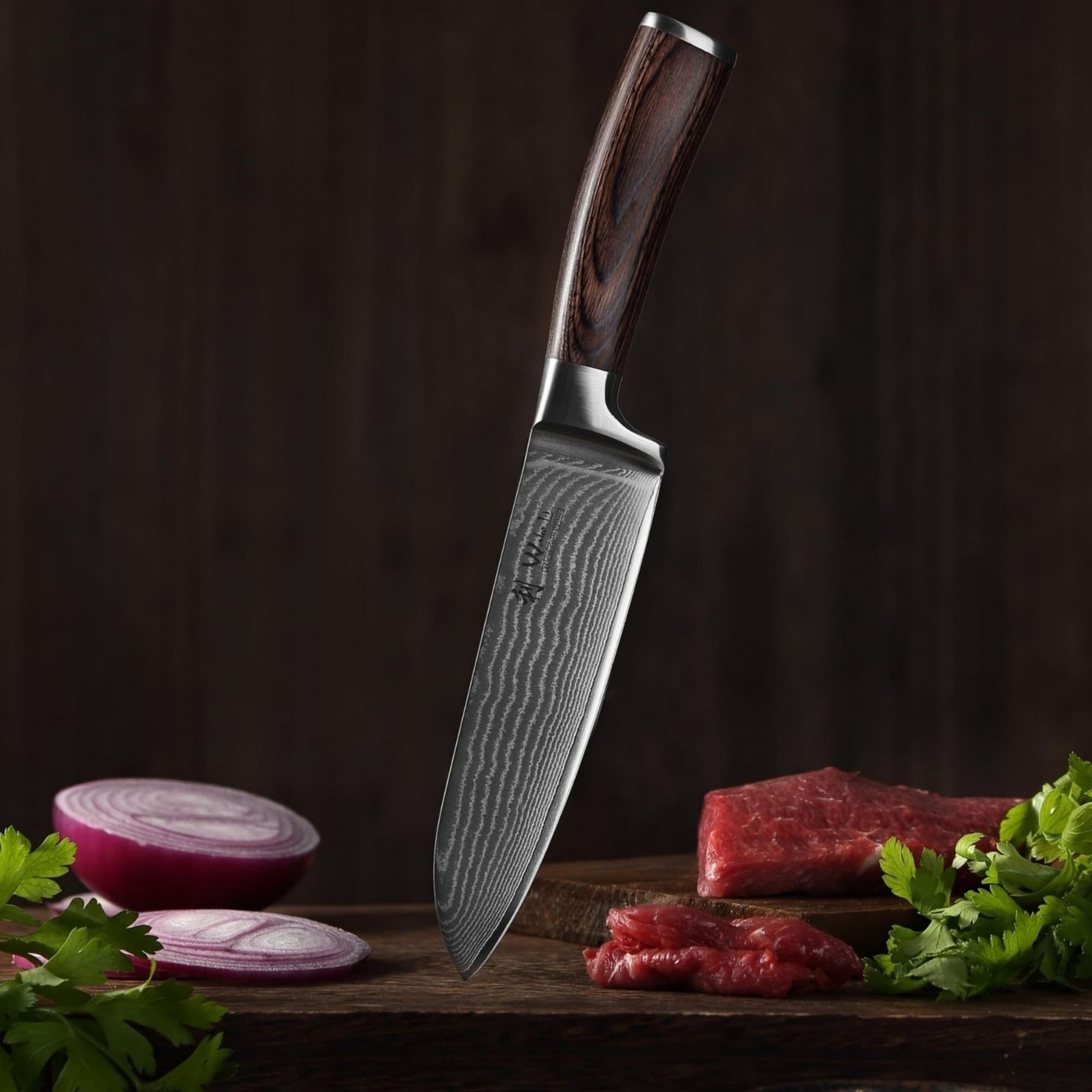 WAKOLI EDIB Set de 5 Couteaux de Cuisine Professionnels en Acier de Damas | avec des lames à 67 couches, un noyau VG10, des manches en bois de pakka, présentés dans un élégant coffret en bois