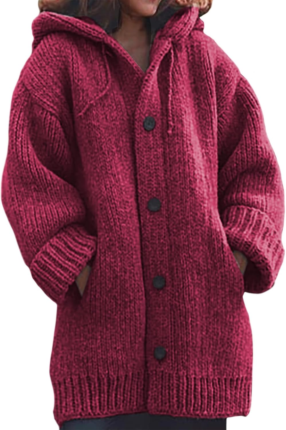 Oversized Casual Chunky Knit Hooded Cardigans for Women Fall Winter Warm Button Down Solid Sweater Coats with Pockets