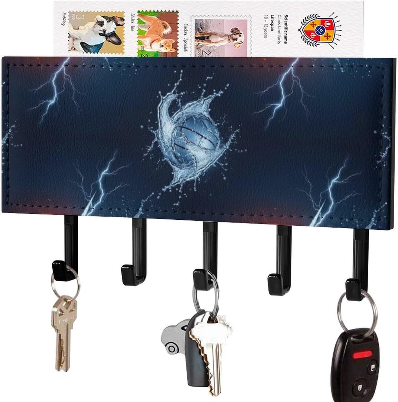 Luxury Leather Wall Mounted Key Hooks Ice Water Fire Flame Basketball, Mail Holder with Rack for Kitchen Entryway Home Organization