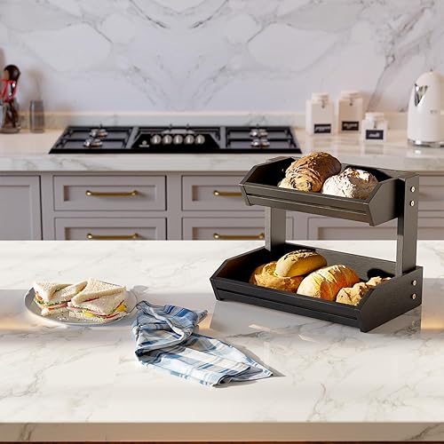 Miniatura 6 de HOLANA Frutero de madera de acacia  Frutero de 2 niveles para encimera de cocina, extra grande de 16 x 12.5 x 18 pulgadas, Fruteros para Cocina,