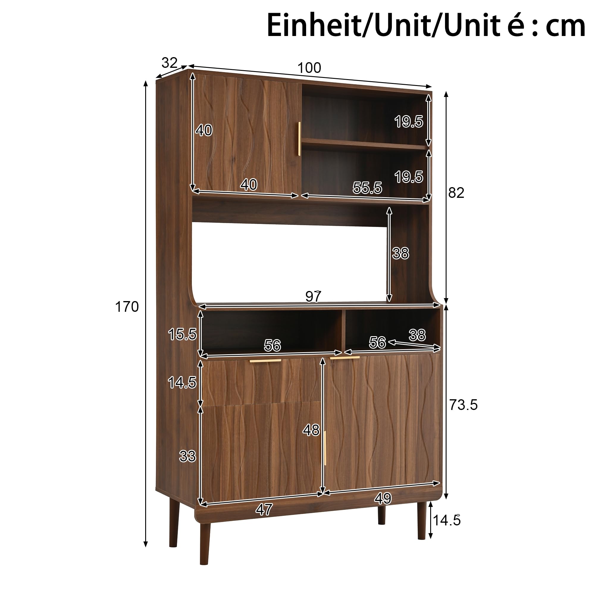 Credenza con cassetto, ante, scaffali aperti, armadietto alto, armadio da cucina, buffet, armadietto portaoggetti, MDF, PB, armadio in legno con piedini in legno massello, noce