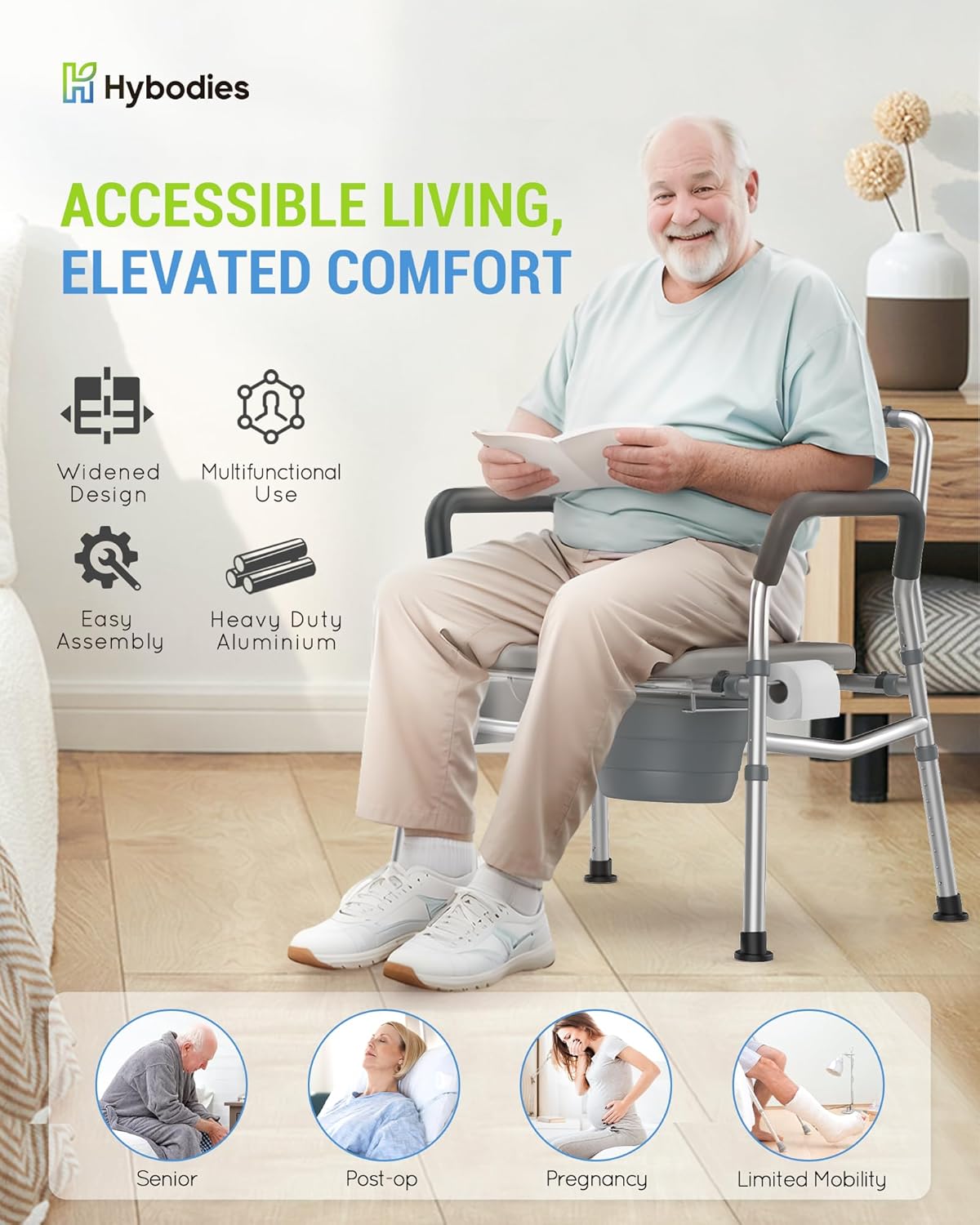Heavy Duty Bariatric Commode, 4-in-1 Portable Bedside Commode or Over-Toilet Chair, Extra-Wide | Adjustable Height | Easy to Clean, Handicap Commode Chair for Eldery, Disabled People