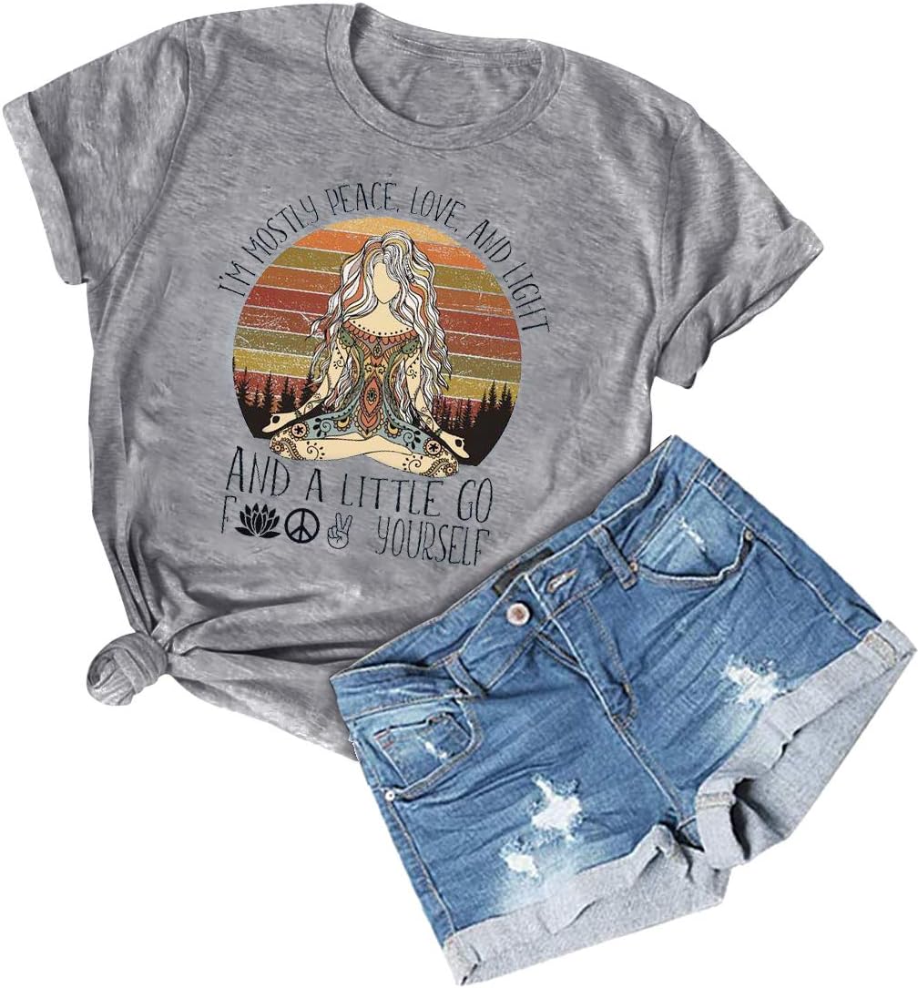 I'm Mostly Peace Love and Light Funny T-Shirt Womens Graphic Printed Short Sleeve Tops Tee