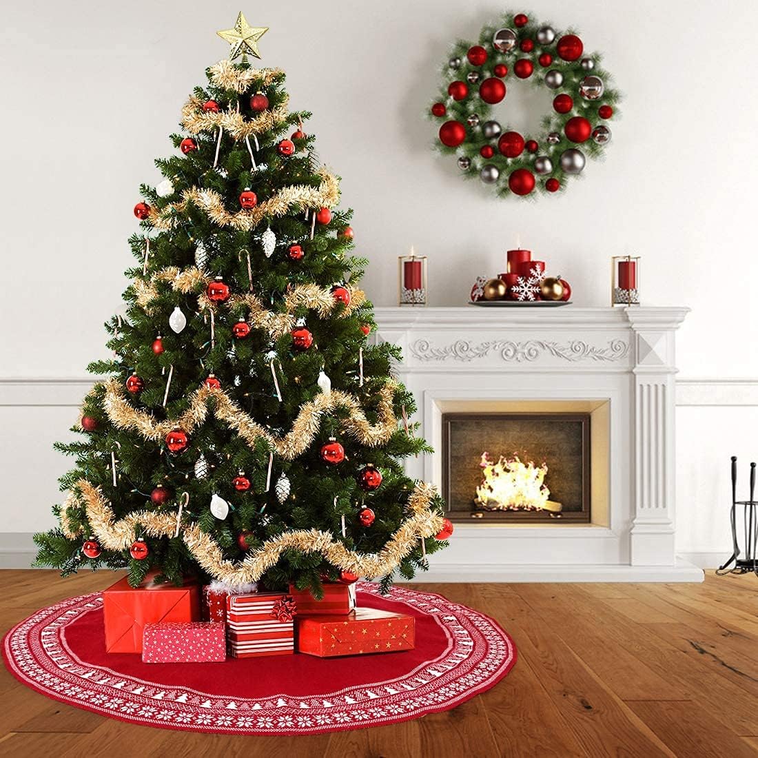 Dremisland Christmas Tree Skirt, Knitted Snowflake and Xmas Tree Pattern Thick Heavy Yarn Knit for A Warm Xmas Holiday Decoration (36inch/90cm, Red) : Home & Kitchen