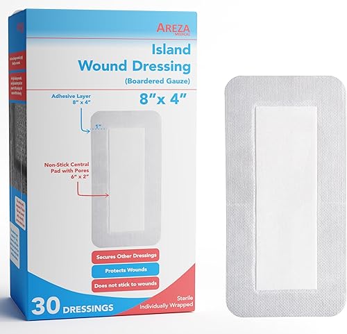 Areza Medical - Aderezo de isla de gasa con bordes - Apósito para heridas - Sin látex - estéril - 8" x 4" - 30 por caja