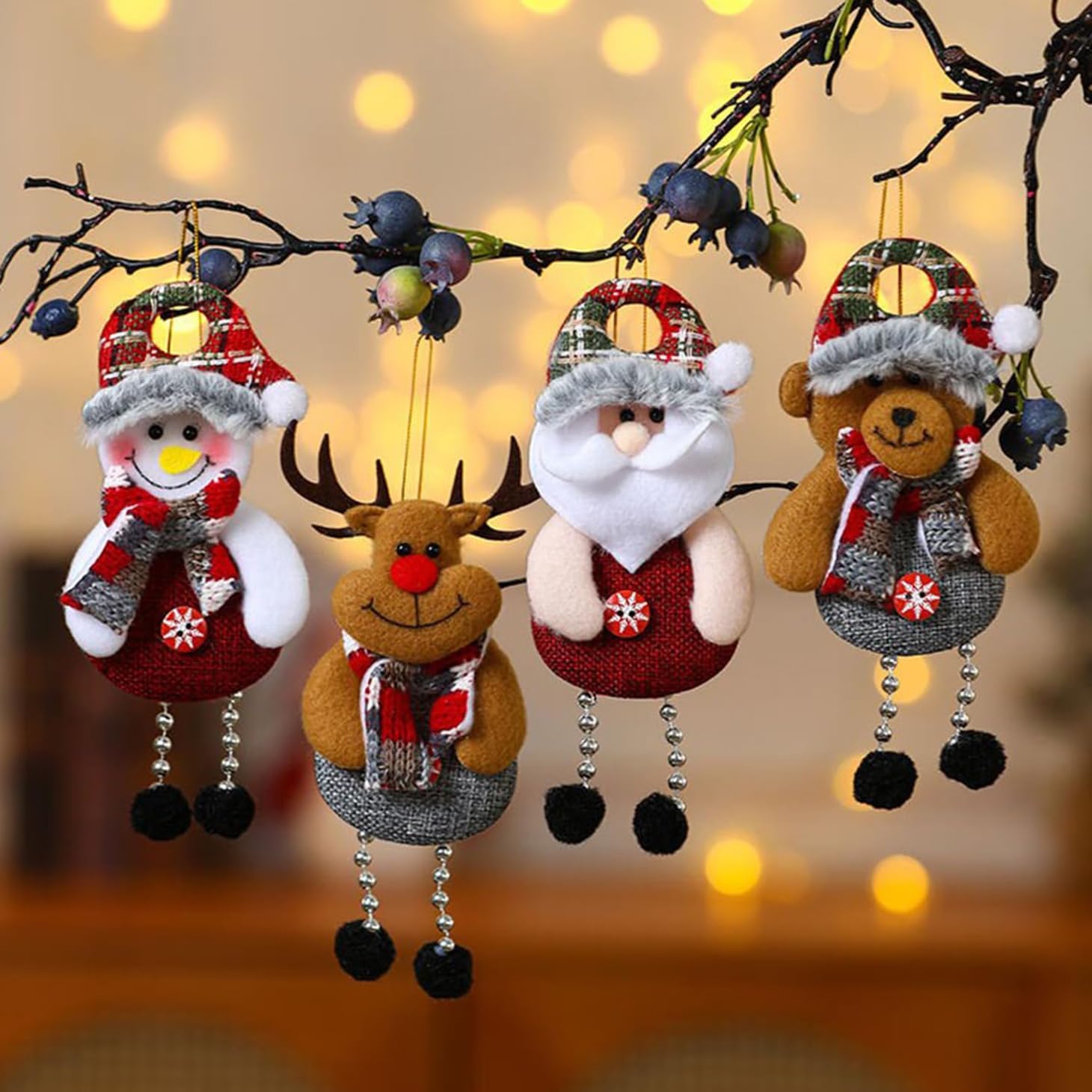 4PCS Christmas Tree Hanging Ornaments, Santa Claus, Snowman, Deer, Bear, Cloth, Multicolor, Christmas