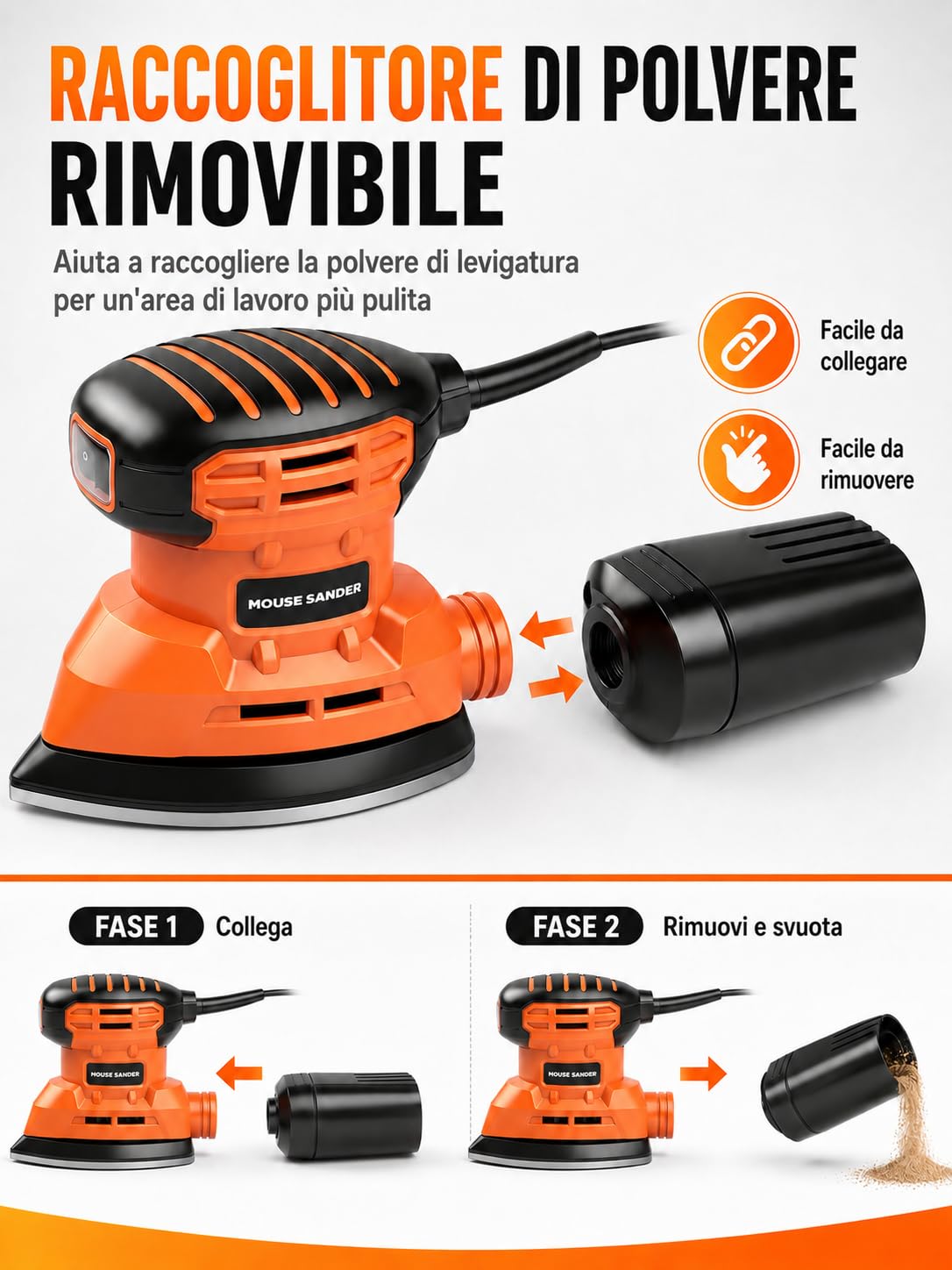 VOBOR Levigatrice Per Legno 150W, 13000RPM con Aspirazione della Polvere e 14 Fogli Abrasivi, Levigatrice Mouse Elettrica per Levigare, Lucidare e Rimuovere in Falegnameria e DIY
