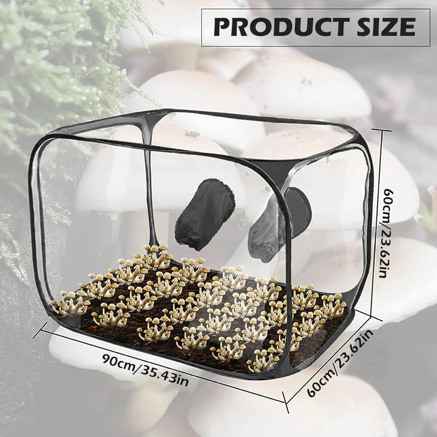 Mushroom Grow Tent with 2 Armholes 35.4x23.6x23.6 Inch Large Transparent Still Air Box Foldable Up Mushroom Grow Box with Zipper for Indoor Outdoor Growing