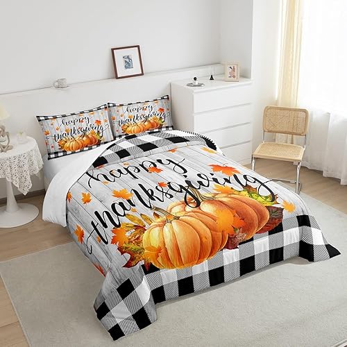 Miniatura 4 de Juego de edredón de calabaza y hojas de arce tamaño matrimonial, juego de edredón de Feliz Acción de Gracias para niños y niñas, juego de edredón de