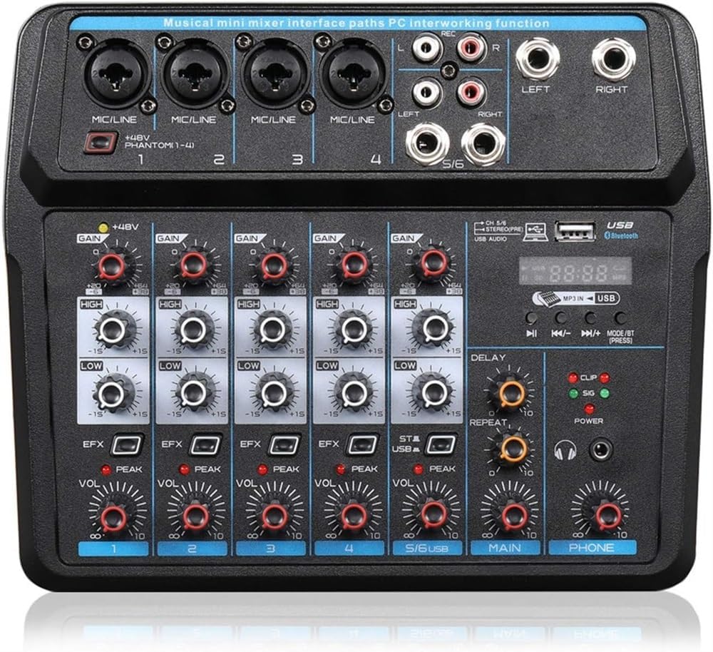 Studio Mixing Desks, 4/6 Portable Mini Mixer Audio DJ Console with Sound Card, USB, 48V Power for PC Recording Singing Webcast Party