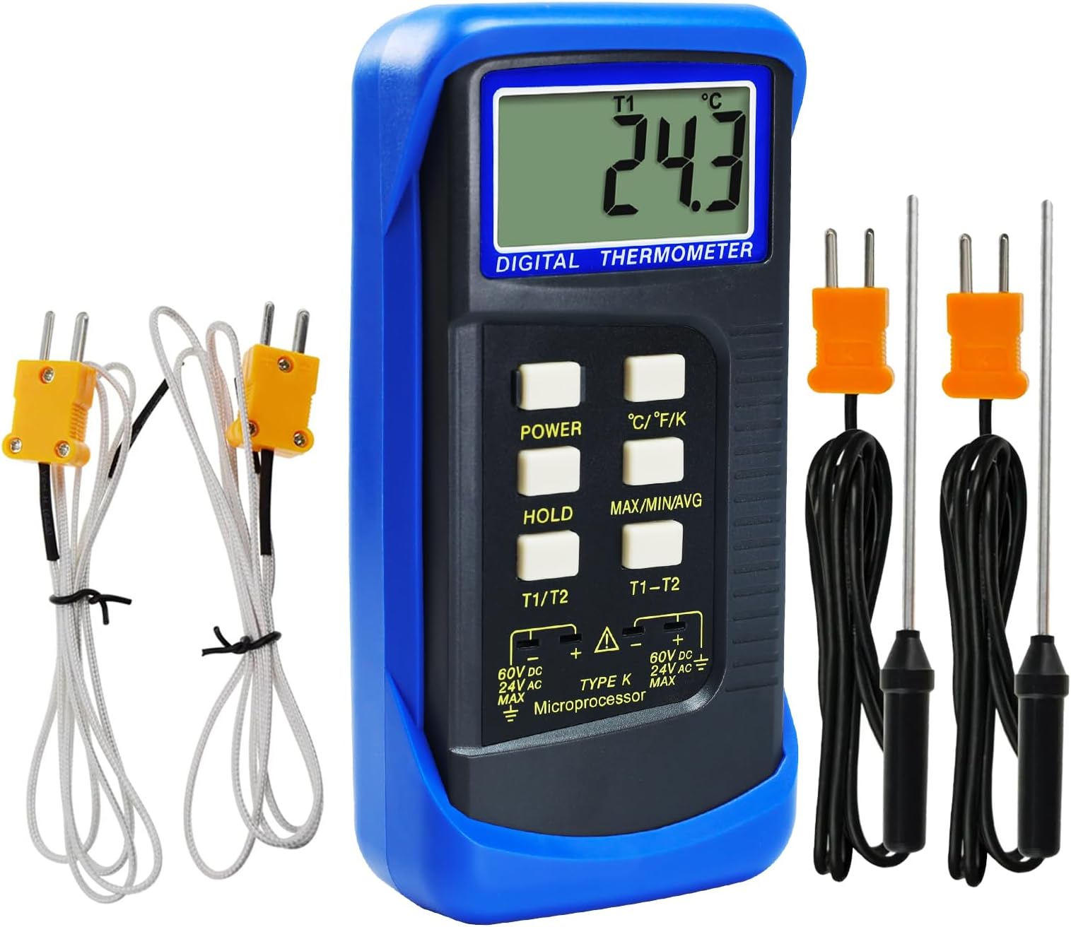 Thermocouple Thermometer Digital K Type HVAC Thermometer Dual Temperature Meter with 4 Thermocouples, MAX/MIN/AVG Temperature Measurement, -50~1300°C (-58~2372°F), Blue