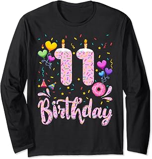 11th Birthday Girl 11 Years Old Donut Birthday Party Themed Long Sleeve T-Shirt