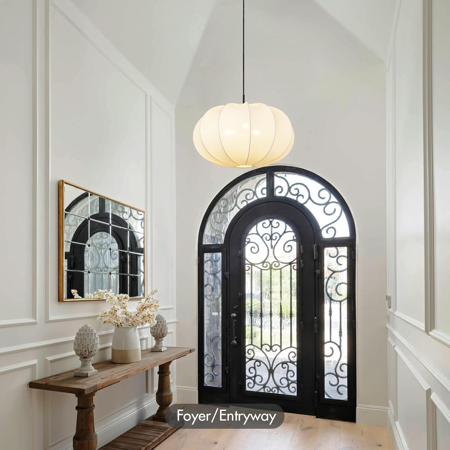 24 Inch Modern Chandelier with Stretch Linen Shade, Adjustable Height Pendant Light for Dining Room, Kitchen Island, Living Room, and Entryway Ceiling Light Fixtures