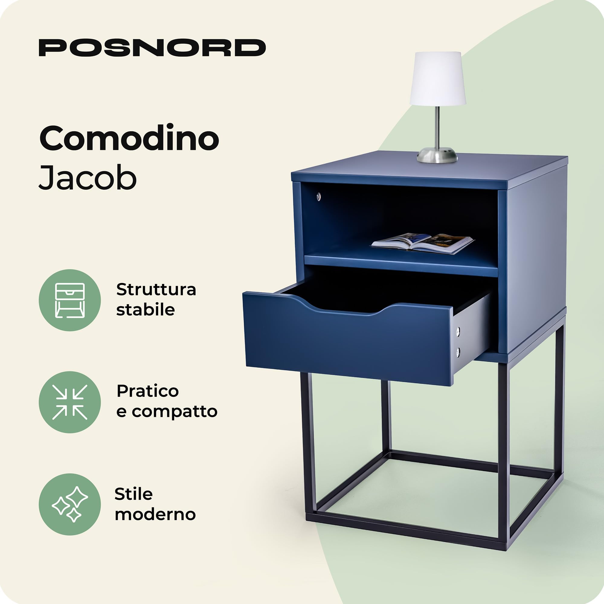 Comodino Moderno Camera da Letto L38 x P36 x H63 cm, Tavolino Notte con Cassetto e Gambe in Metallo, Design Scandinavo, Mobiletto Contenitore Compatto, Comodino Blu Scuro