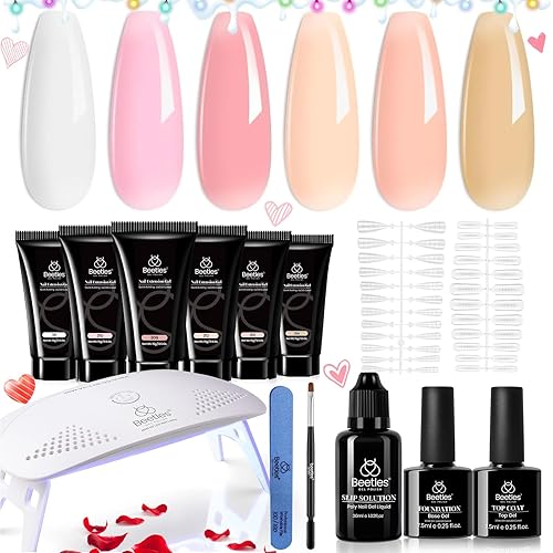 Miniatura 9 de Beetles - Kit de gel de extensión de uñas de polietileno rosa nude, 6 colores rosa transparente, marrón, gelatina UV gel base y capa superior, todo