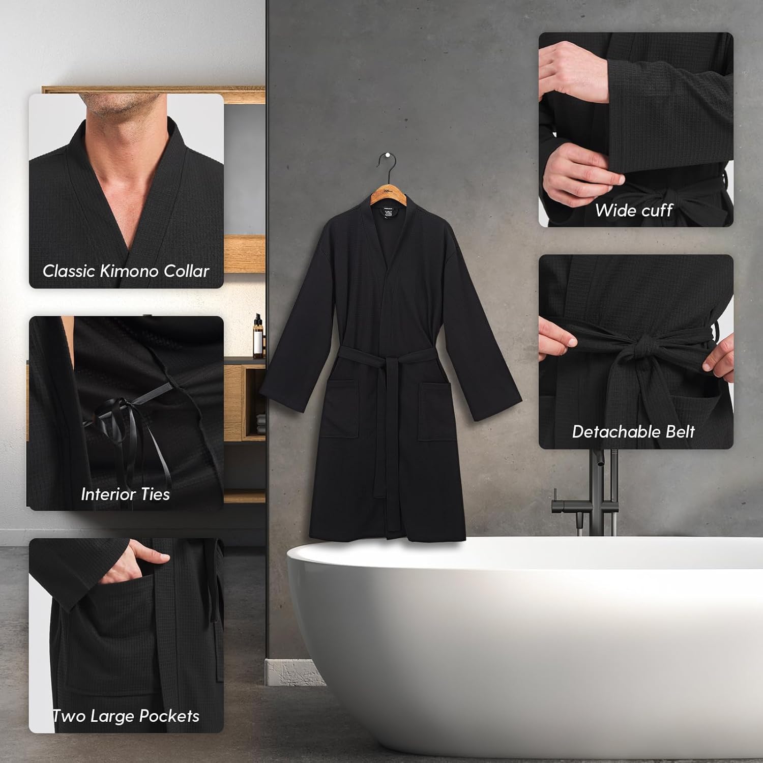 FashGudim Mens Lightweight Waffle Knit Robe Soft Kimono Spa Bathrobes Knee Length Summer Robes - Image 3