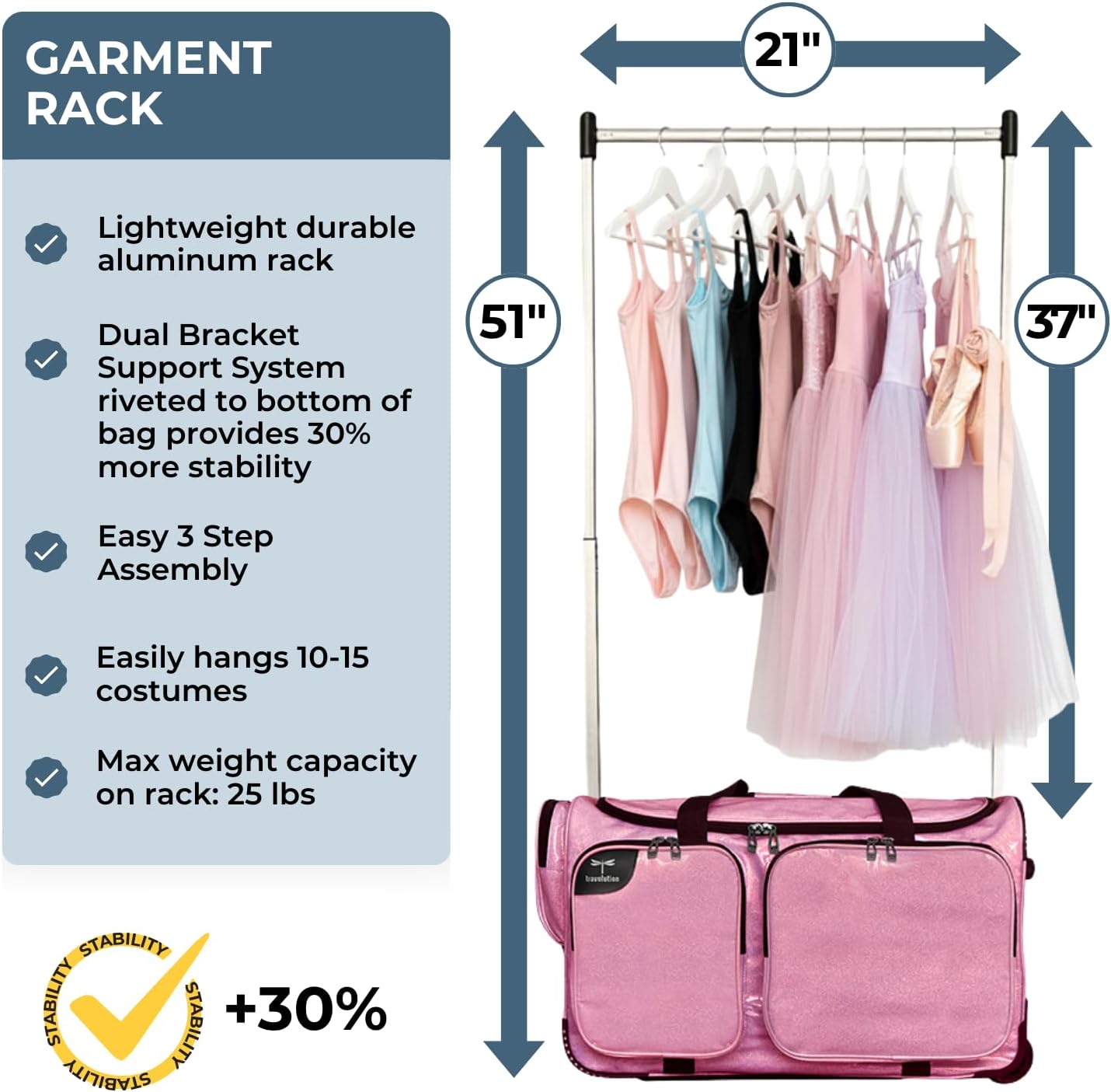 Travolution NEW Glittering Dance Bag with Garment Rack, 23 Inch Rolling Duffel With Wheels, Ideal for Competitions & Travel, Easy-assembly Lightweight Aluminum Clothes Rack (Glitter Pink)