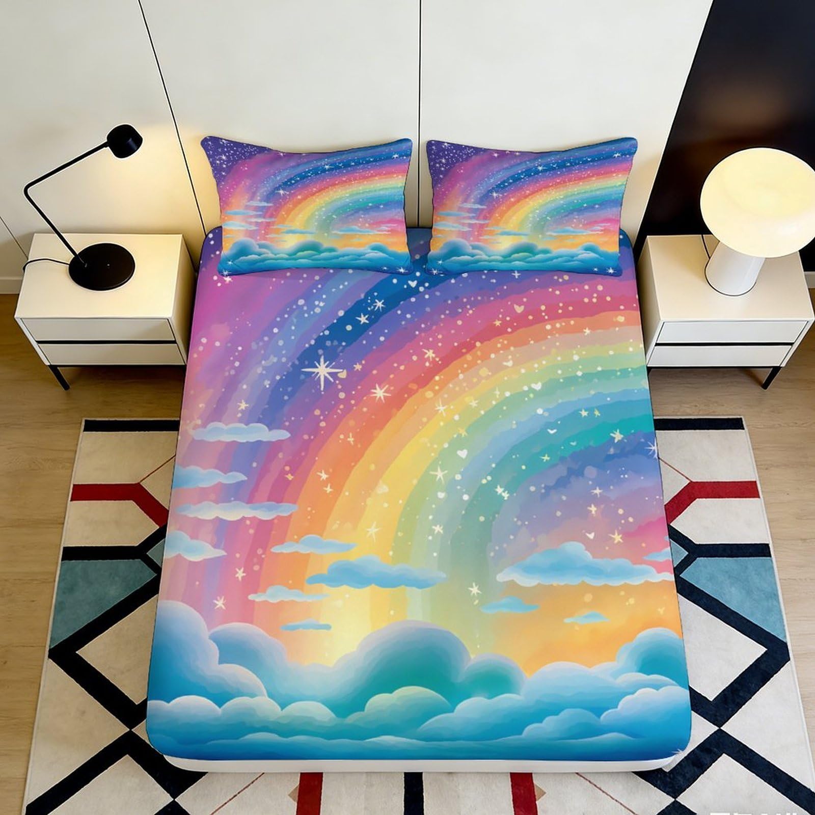 3D Printed Rainbow Clouds Fitted Sheet Microfiber Soft Breathable Starry Sky Bed Cover for Bedroom Dormitory Guest Room Mattress Protection Decor 140x200x25cm