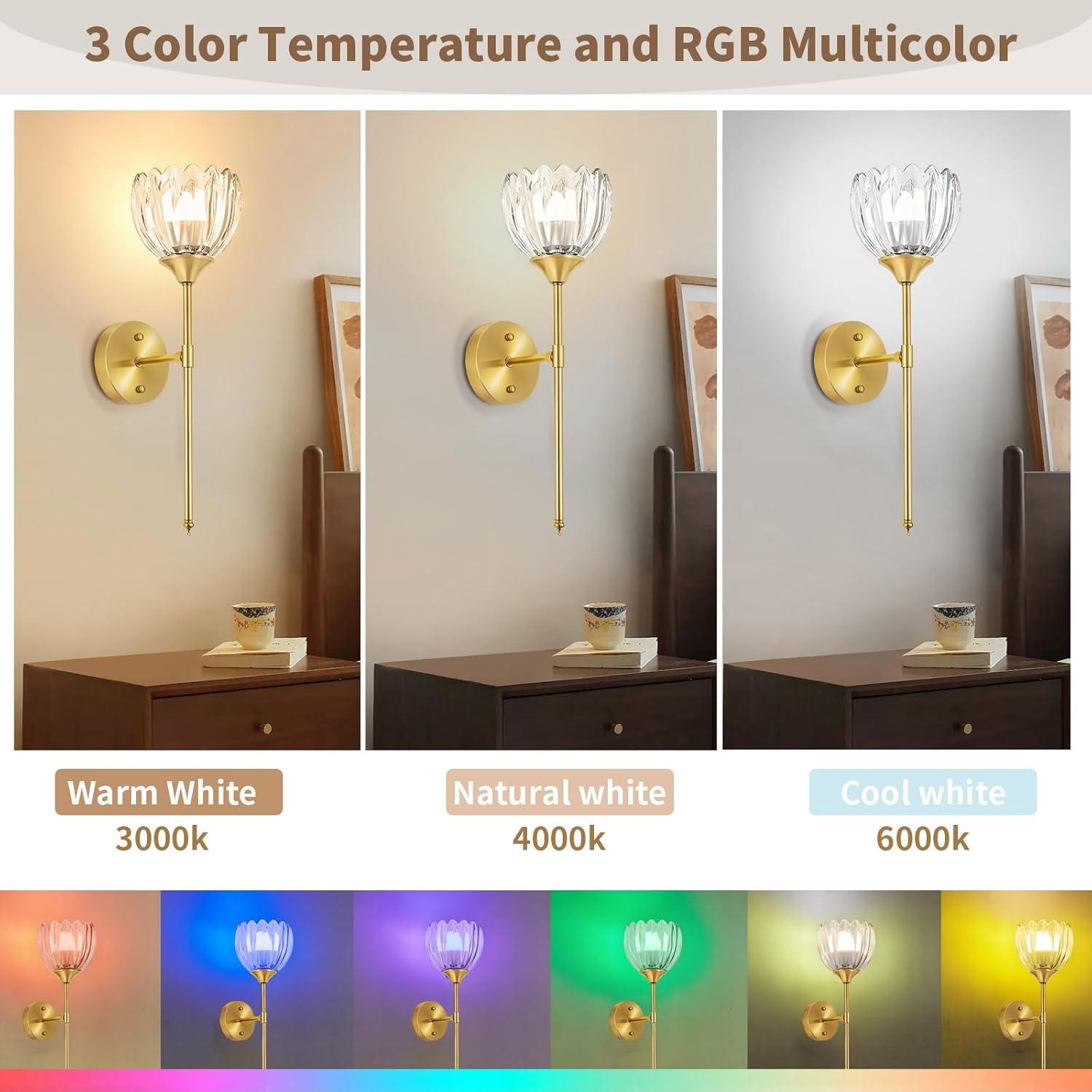 Battery Operated Wall Sconce Set of 2, Rechargeable Wireless Wall Sconce Lights with Glass Lampshade, 5000mAh Dimmable Bulbs with Remote,15 Colors Wireless Wall Lamps for Bedroom Living Room (Clear)