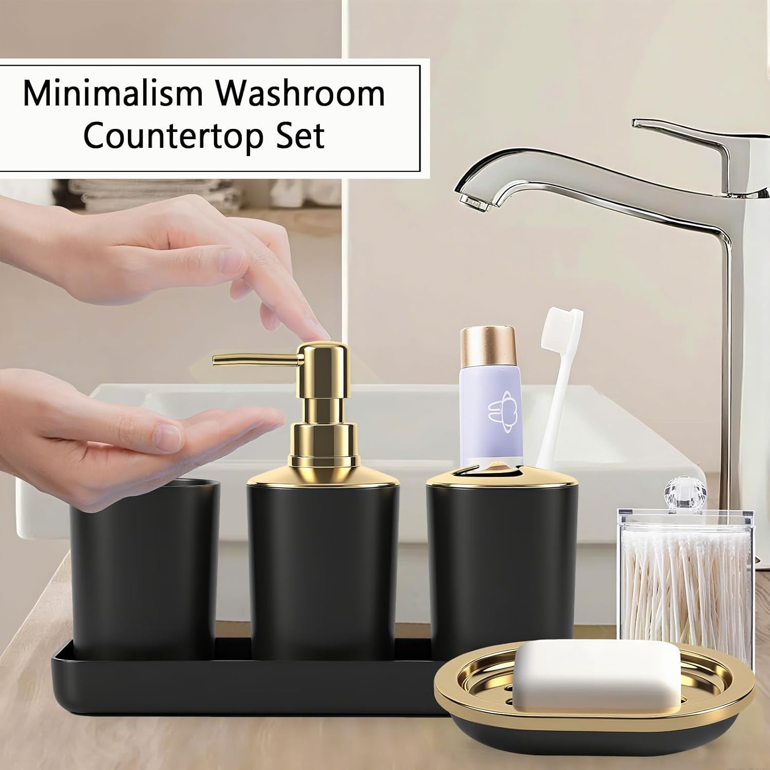 Bathroom Accessories Set Black and Gold 9 Piece, Trash Can, Soap Dispenser and Dish, Toilet Brush, Toothbrush Holder, Tumbler, Tray, Cotton Swab Container, Countertop Organizer and Housewarming Gift