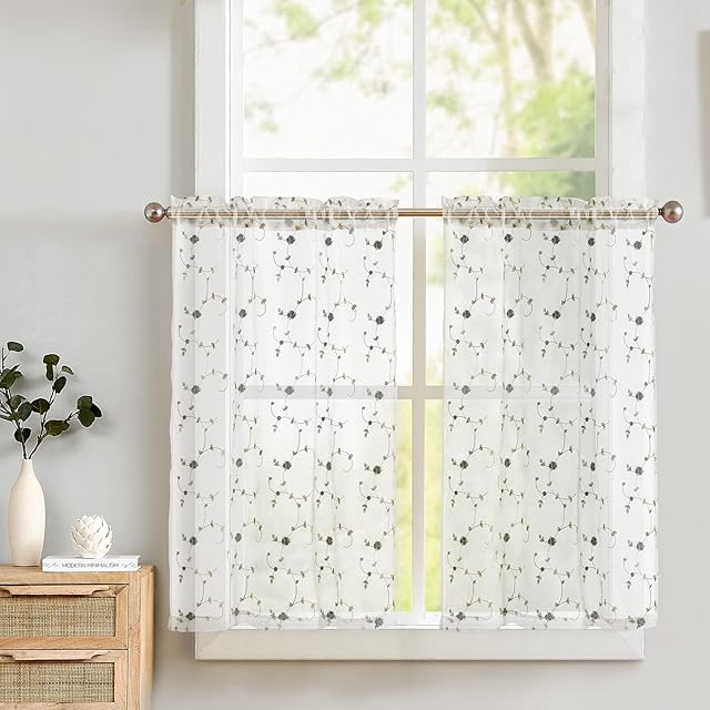 TOPICK Net Kitchen Curtains 36 Inch Drop Short Voile Curtains Floral Embroidered Sheer Rose Cafe Curtains Rustic Style Flower Curtains for Small Window Basement Cupboard 2 Panels Blue on White