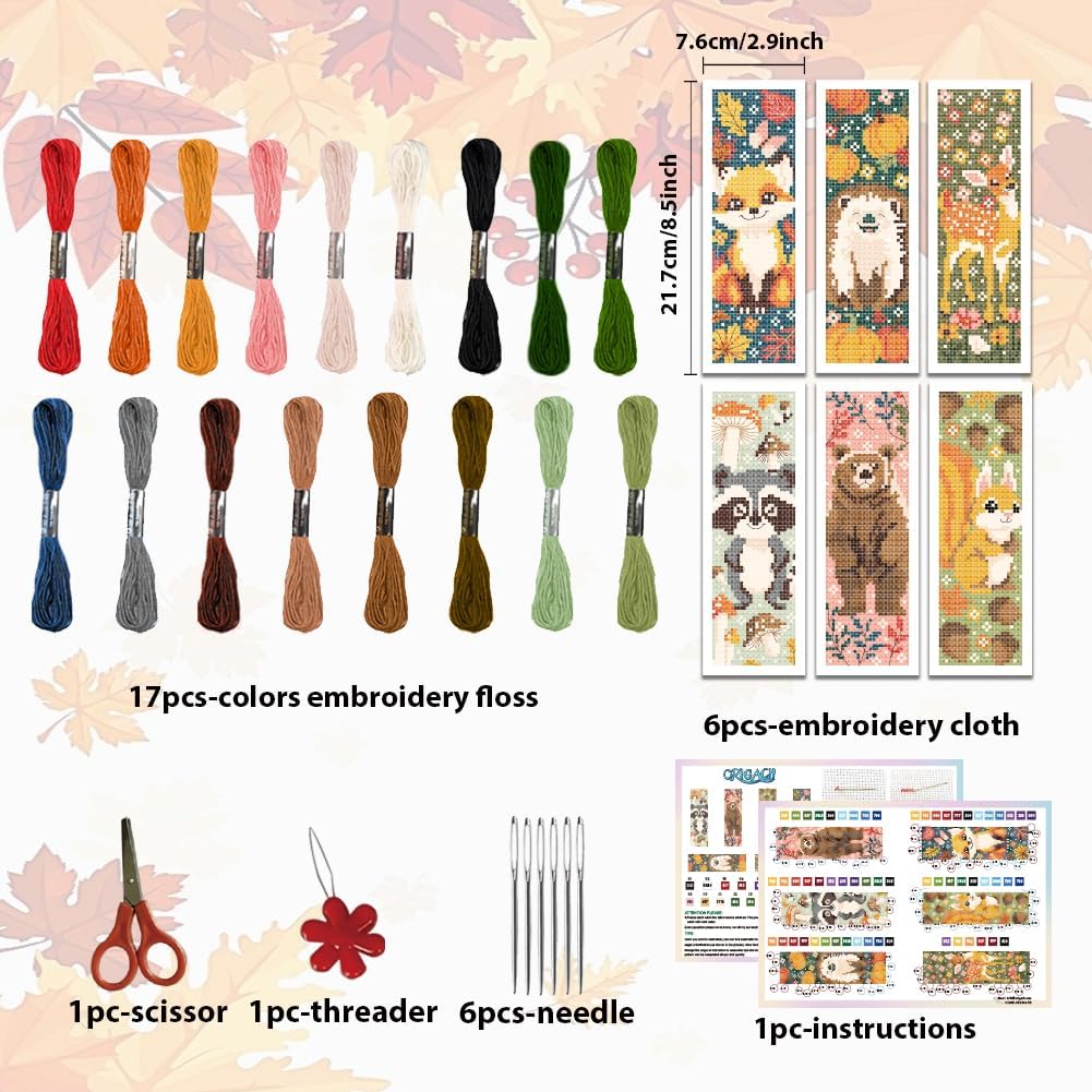 ORIGACH 6 Set Autumn Animals Cross Stitch Bookmark Kit for Beginner