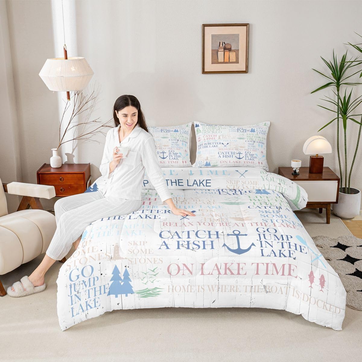 Lake House Comforter Set Twin Size,Boating Nautical Anchor Bedding Set 2pcs for Kids Teens Adult Room Decor,Outdoor Adventure Bedspread Lake House Style Quilted Duvet with 1 Pillowcase,White