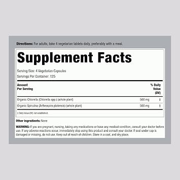Piping Rock Chlorella Spirulina Organic | 500 Tablets