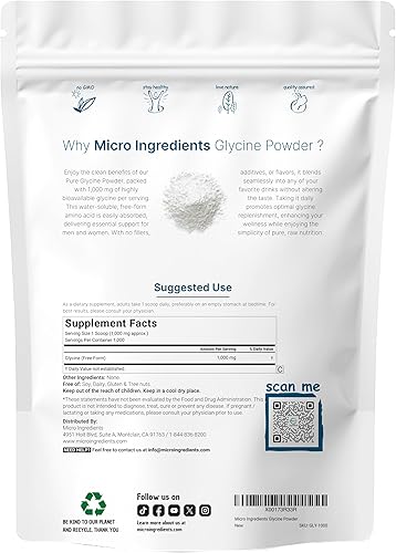 Miniatura 2 de Micro Ingredients Polvo de glicina, 2.2 lbs (2.2 libras), glicina 1000 mg por porción, apoya el sueño reparador y neurotransmisor, soluble en agua y