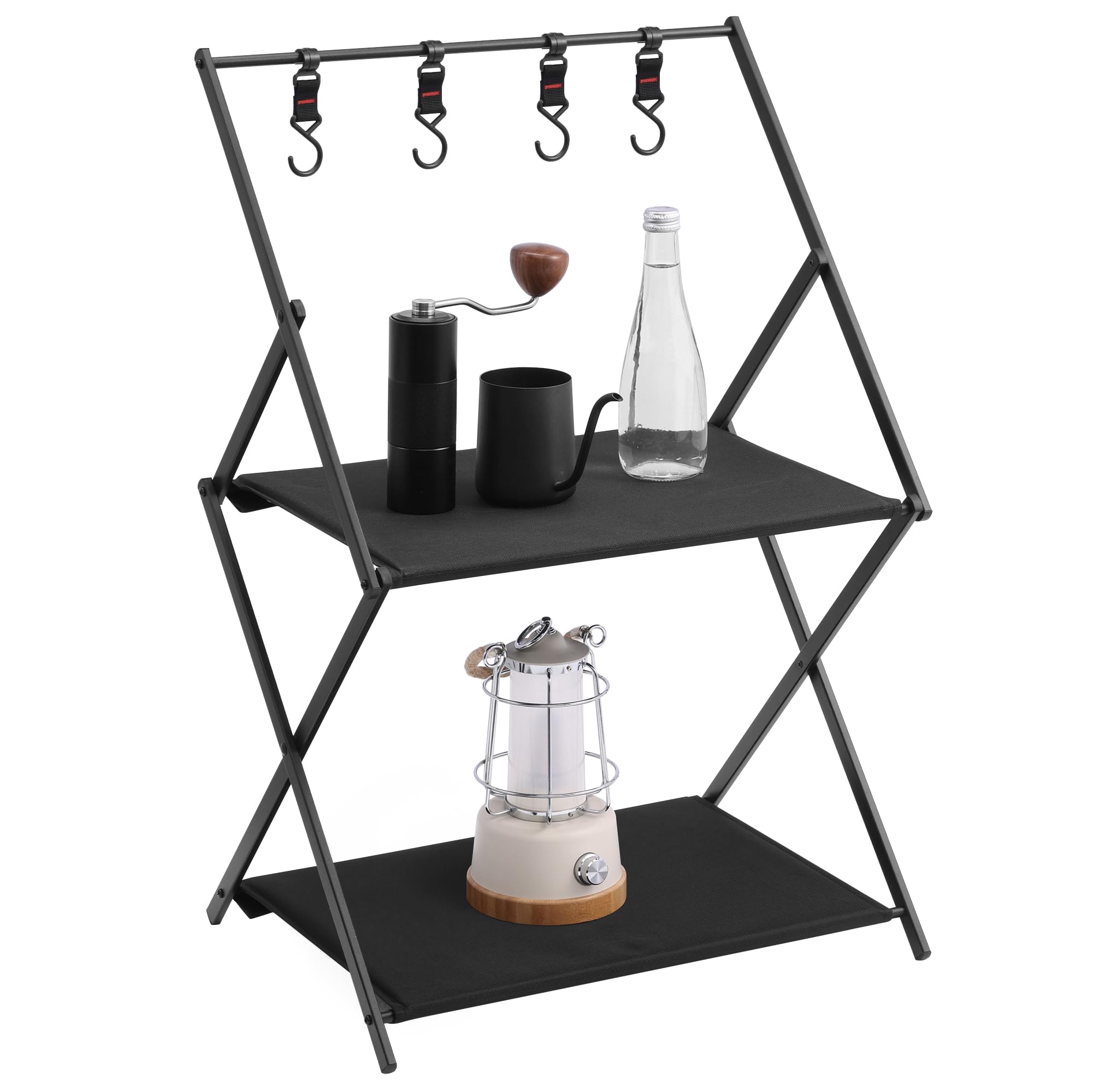 Navaris Scaffale da Campeggio Pieghevole 2 Ripiani 4 Ganci Portatile Salvaspazio Capacità Max 25 kg Nero