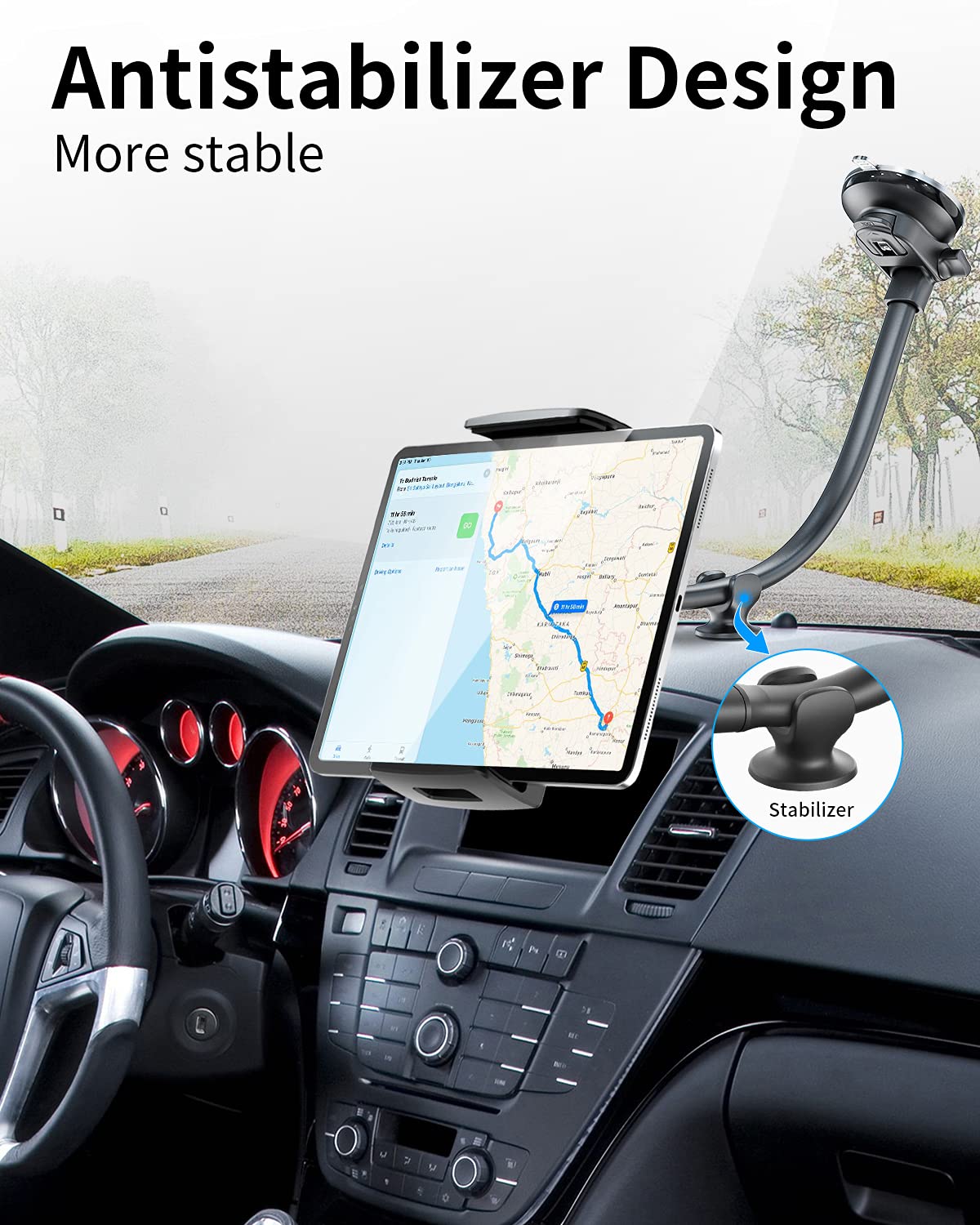 APPS2Car Supporto per parabrezza tablet 35,6 cm braccio lungo anti-vibrazione regolabile 360° 4-11 cali ventosa forte cruscotto camion furgoni