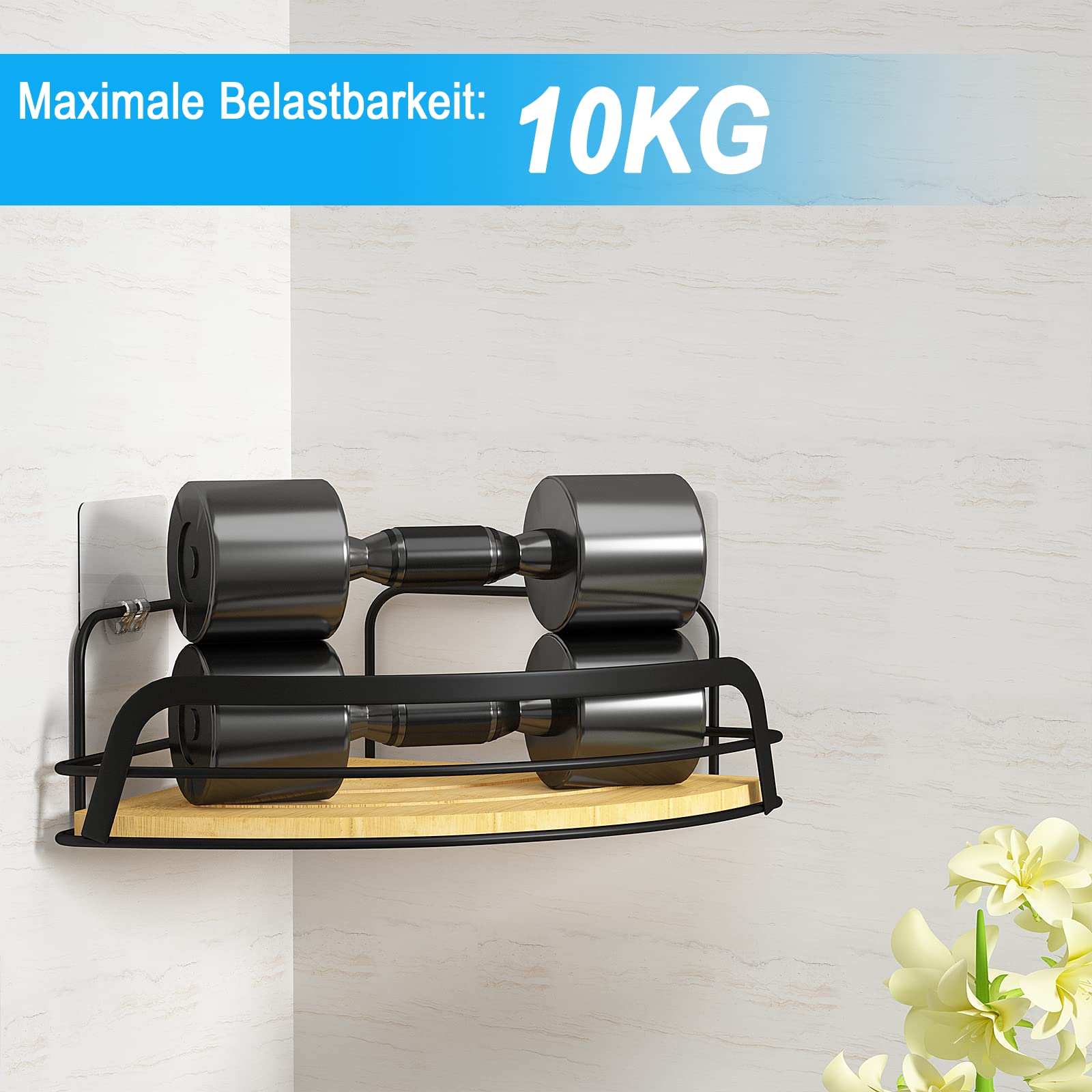 Duschablage Ecke Selbstklebend – Schwarz, Bambus & Edelstahl, Ohne Bohren, Max. 10 Kg Belastung