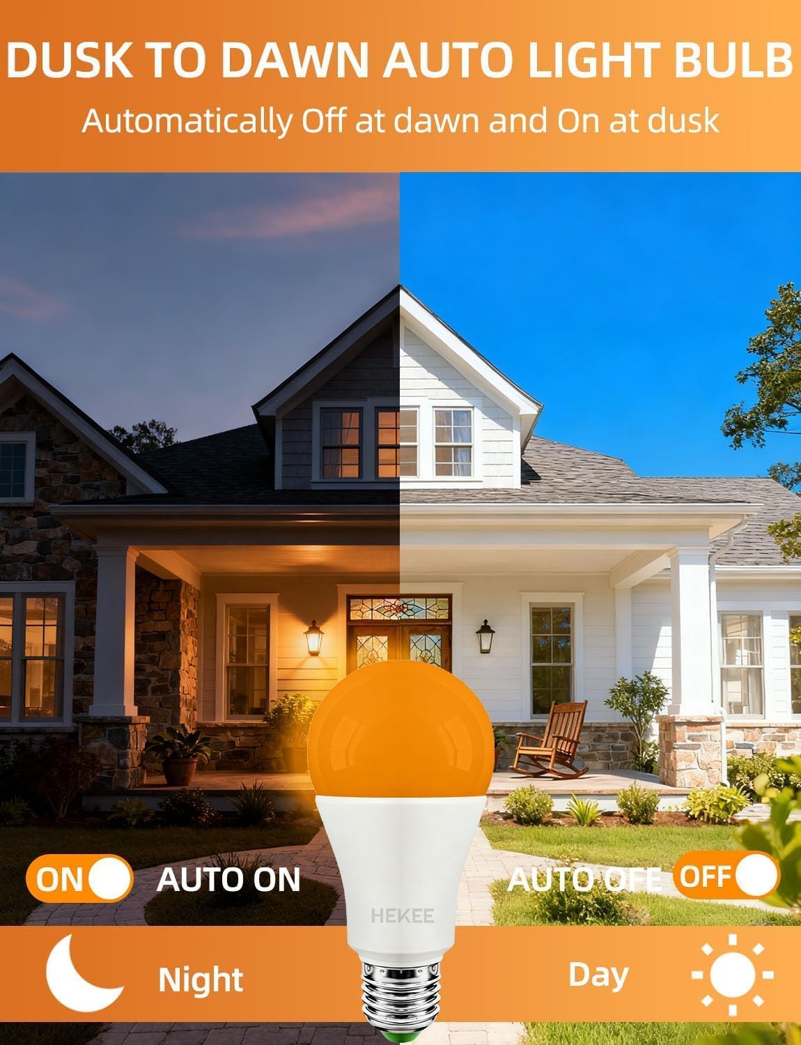 HEKEE Dusk to Dawn Light Bulbs A19 8W 900 Lumens, Outdoor Porch