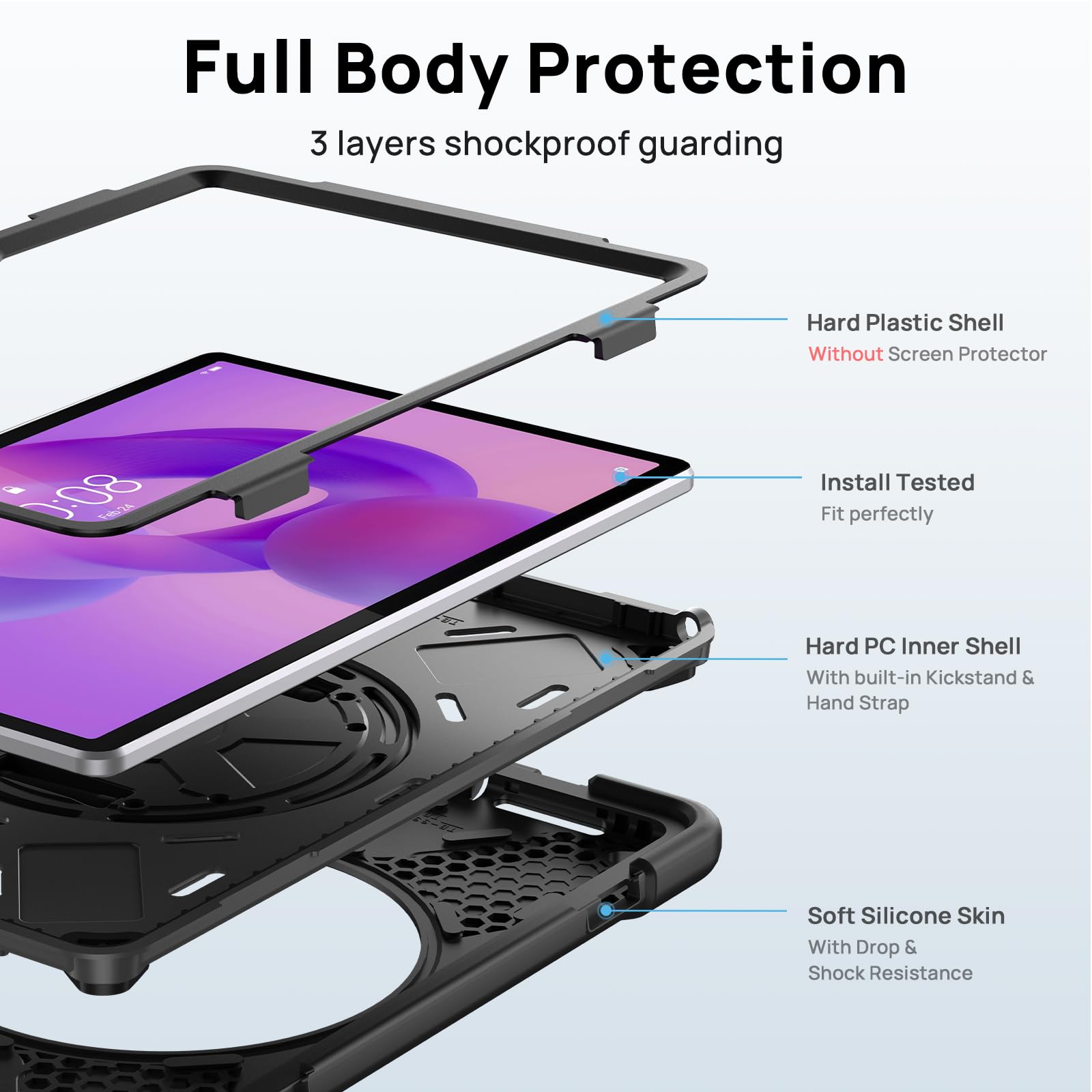 Gerutek Funda Anticaída para Lenovo Idea Tab 11 Pulgadas 2025/Tab K11 Gen 2/Tab M11/Xiaoxin Pad 11", (TB-336ZU/TB-336FU), Carcasa Rugosa con Soporte Giratorio, Correa de Mano/Hombro, Portalápiz, Negro