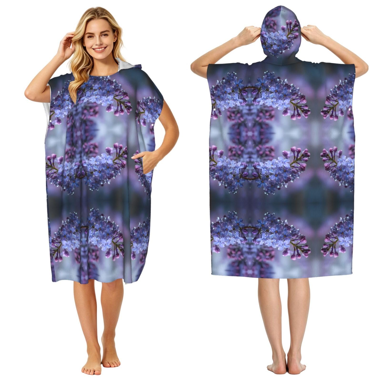 EZDLOWVBA Purple Lilac Print Hooded Poncho Microfiber Beach Towel,Adult Women & Men Changing Robe,Lightweight Summer Surf Swim Bath Poncho Towel
