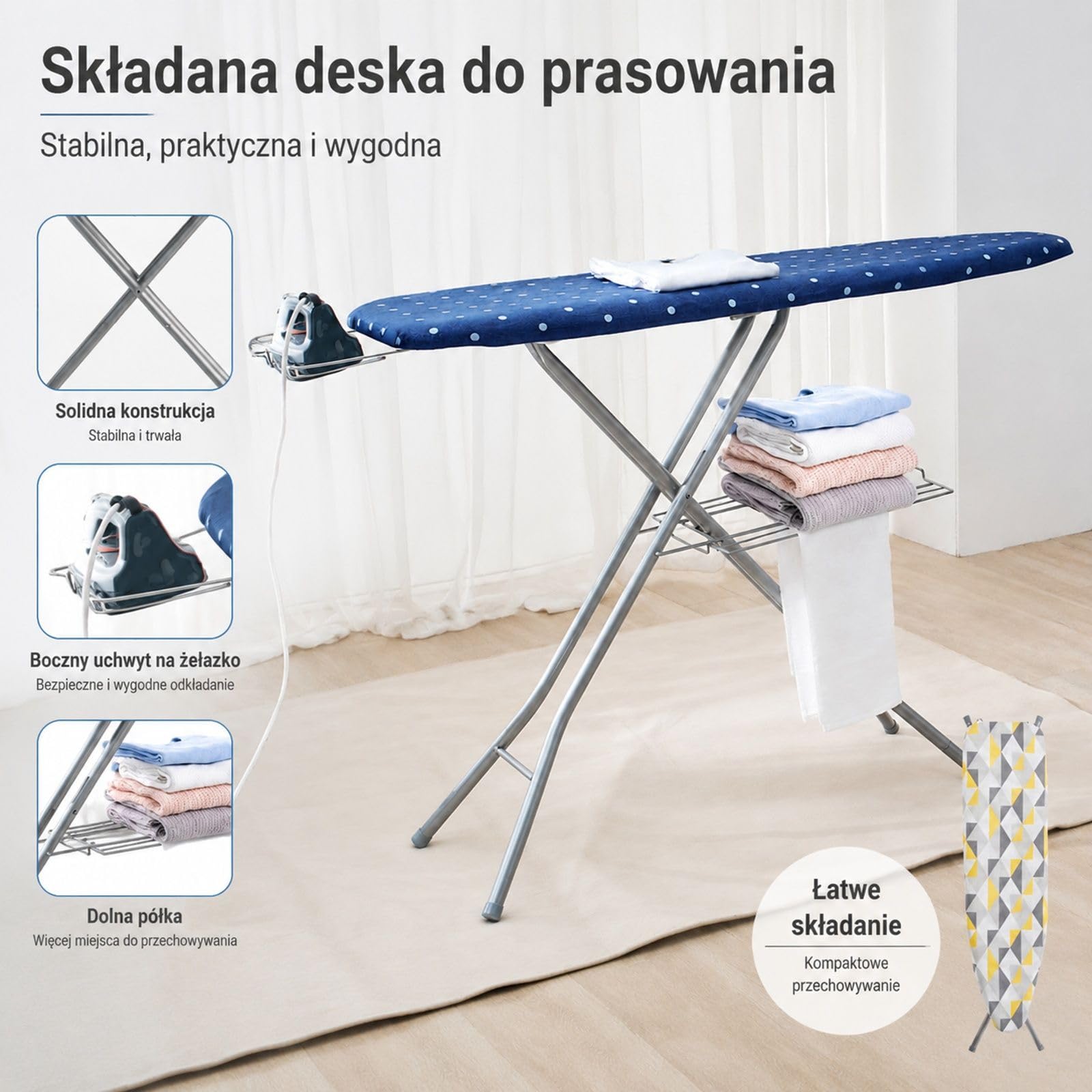 Składana deska do prasowania z podstawką na żelazko i półką, niebieski model z pokrowcem, regulowana wysokość, 4-warstwowa konstrukcja do domu i pralni