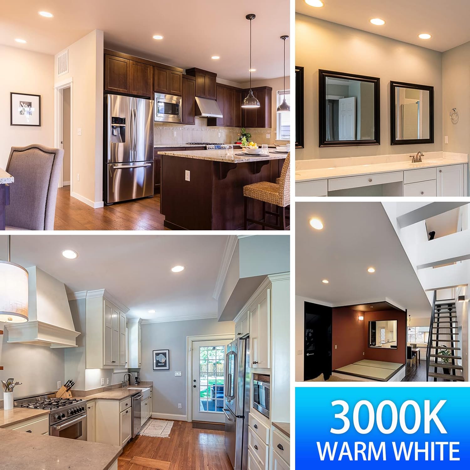 Various rooms illuminated with 3000K warm white Energetic BR30 LED bulbs