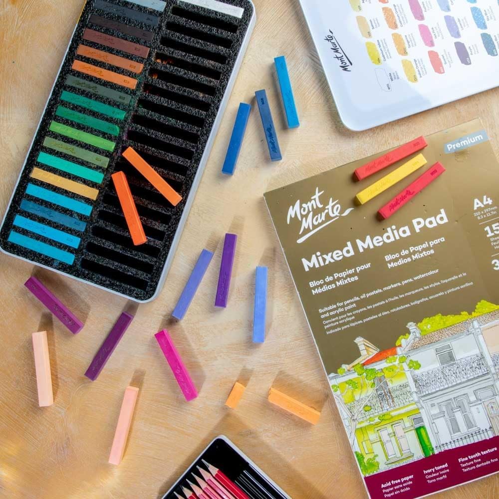 Mont Marte Soft Pastels in Tin Box Signature 36pc, 36 Assorted Colors, Vibrant Pastel Sticks, Great Blending, Comes in Storage Case, Ideal for Art, Craft, Coloring and Sketching