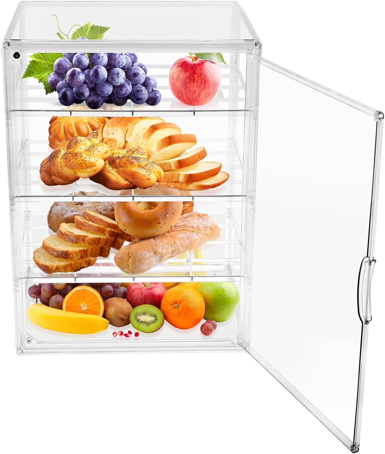 4 Tier Bakery Cabinet Adjustable Detachable for Different Size of Baked Goods Highly Transparent Acrylic Bread Display Case with Magnetic Door