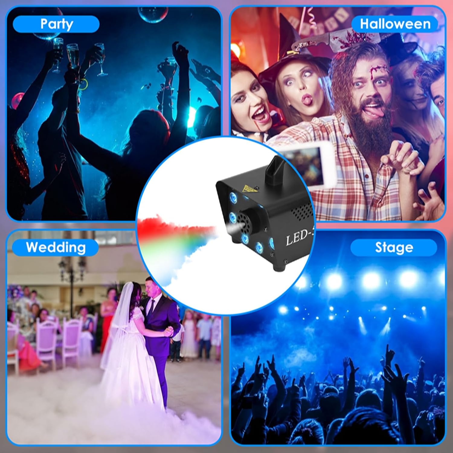 KOCASO Smoke Machine, 500W and 2000CFM Fog Machine, LED Colorful Fog Machine with 8 LED Lights & 12 Colors Effect, Smoke Machine with Remote Control for Halloween Stage Wedding Party Club DJ Disco