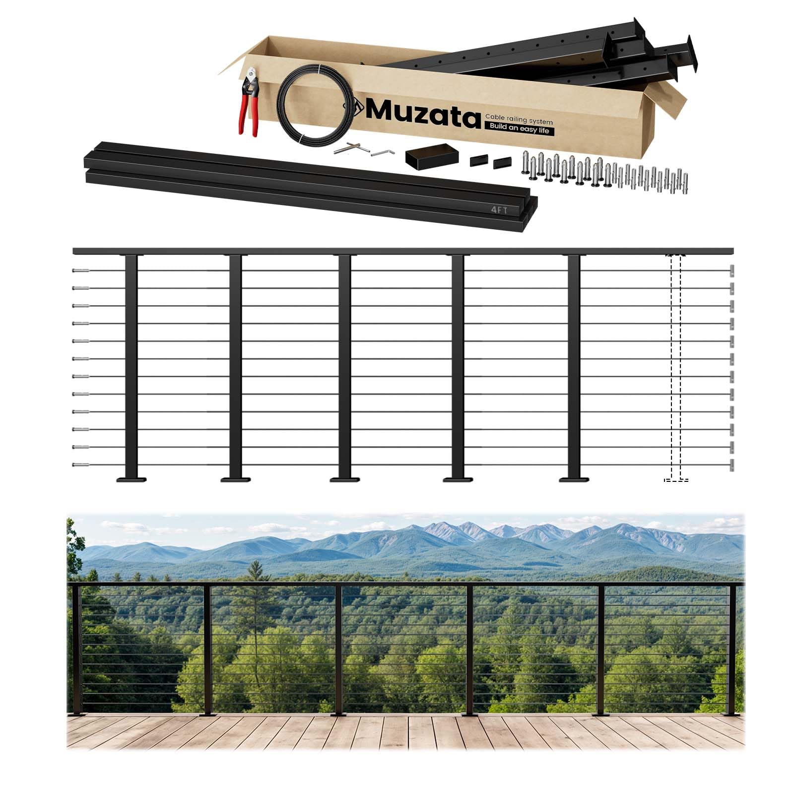 Photo 1 of Muzata Black Modular Cable Railing Kit with Handrail 42 Inch